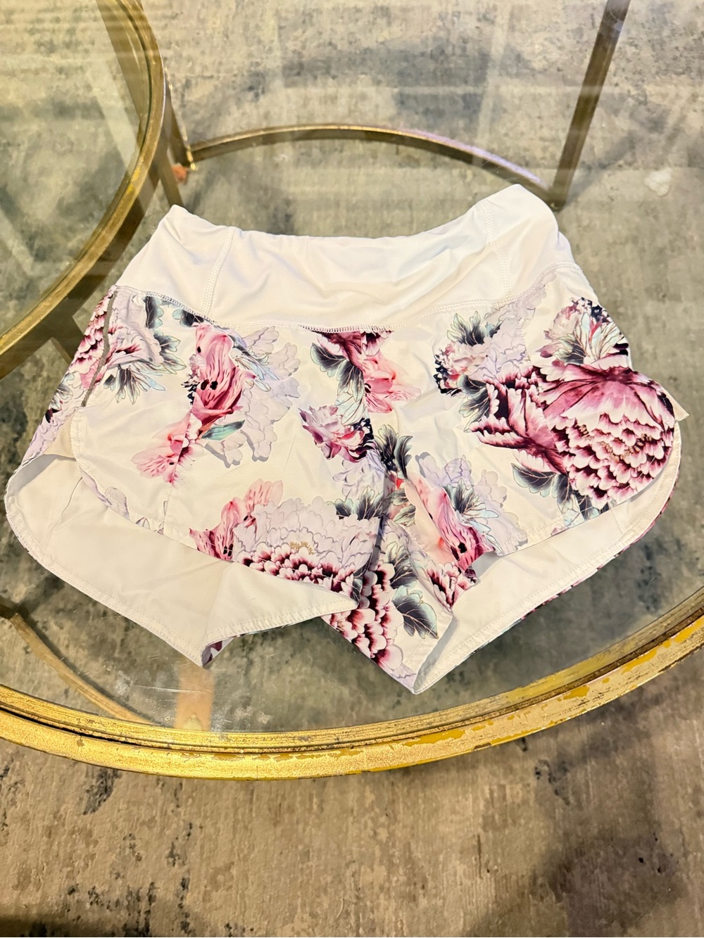 Athleta White Floral Athletic Shorts with Pink & Purple Print